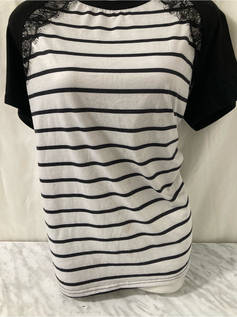 SHEIN Black & White Striped Lace Shoulder Top Size M